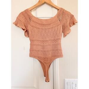 Ronny Kobo Haya Nude Knit Pointelle‎ Bodysuit Blouse XS